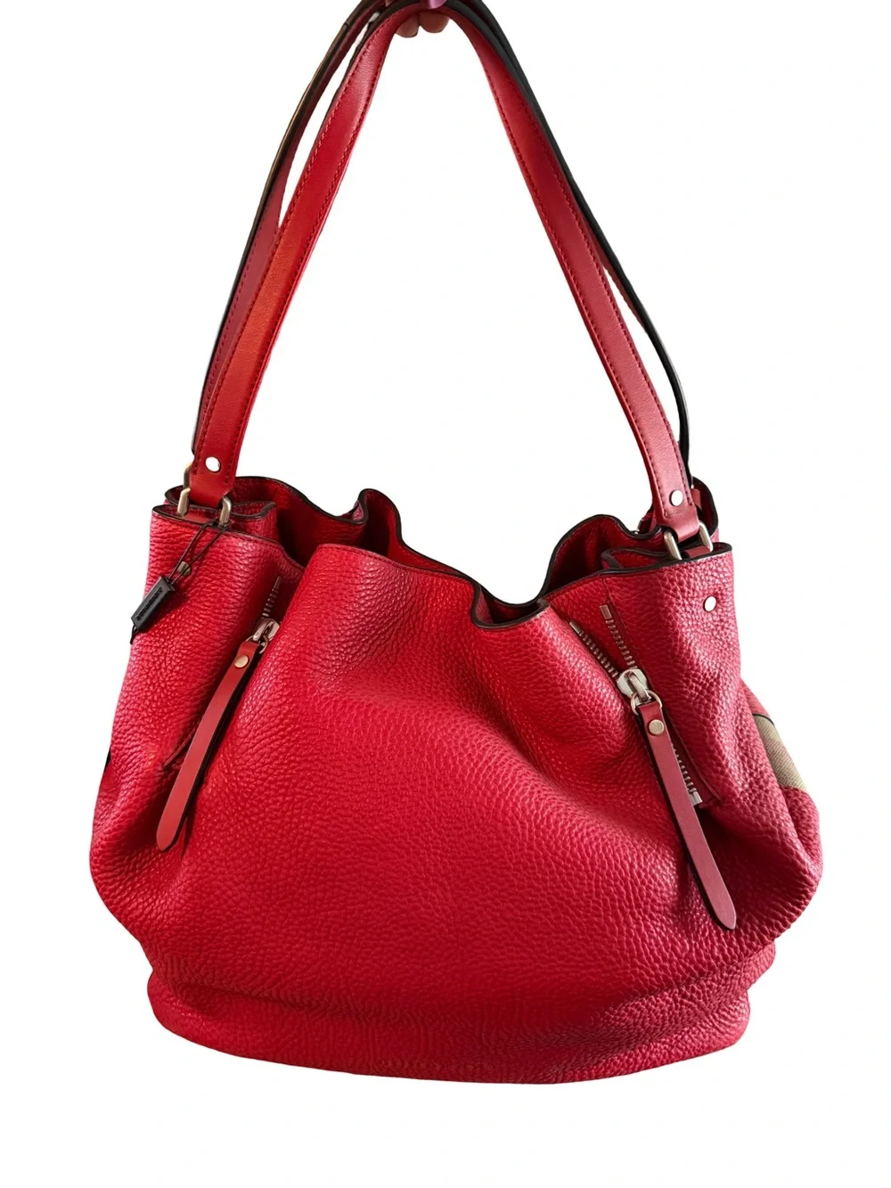 Burberry Red Pebbled Leather Shoulder Bag with Check Canvas Panel